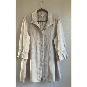 Foxcroft Women 100% Linen Button Front Shirt 16W Tan Lagenlook Coastal 3/4Sleeve